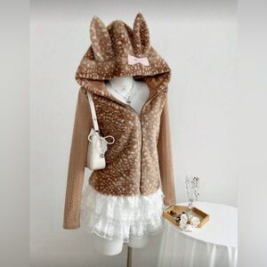 Cute Brown deer zip up fur Hoodie with Ears